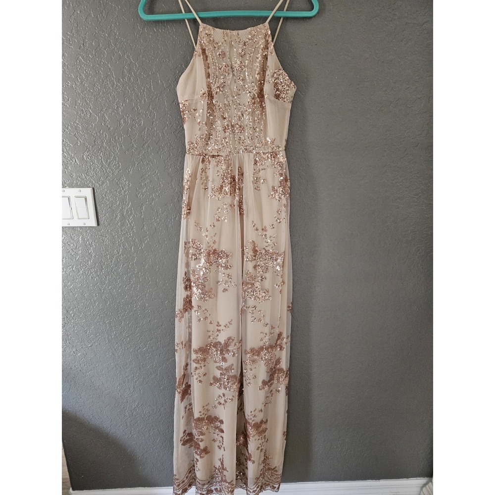 Rose Gold Sequin Floral Halter Maxi Gown Blush Nude Mesh Overlay Floor Length S
